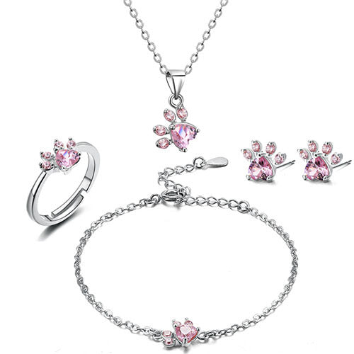 Rose Gold Paw Jewelry Set 4 Pieces with Zirconia Heart