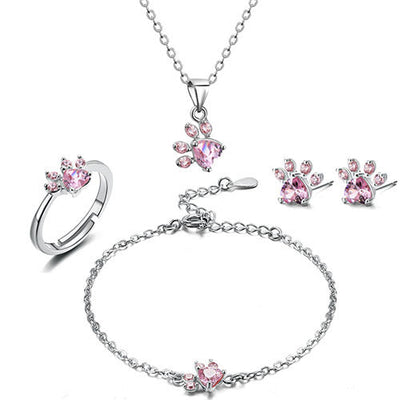 Rose Gold Paw Jewelry Set 4 Pieces with Zirconia Heart