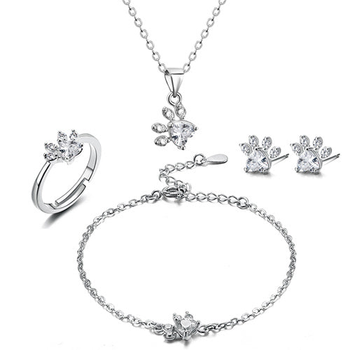 Rose Gold Paw Jewelry Set 4 Pieces with Zirconia Heart
