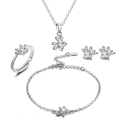 Rose Gold Paw Jewelry Set 4 Pieces with Zirconia Heart