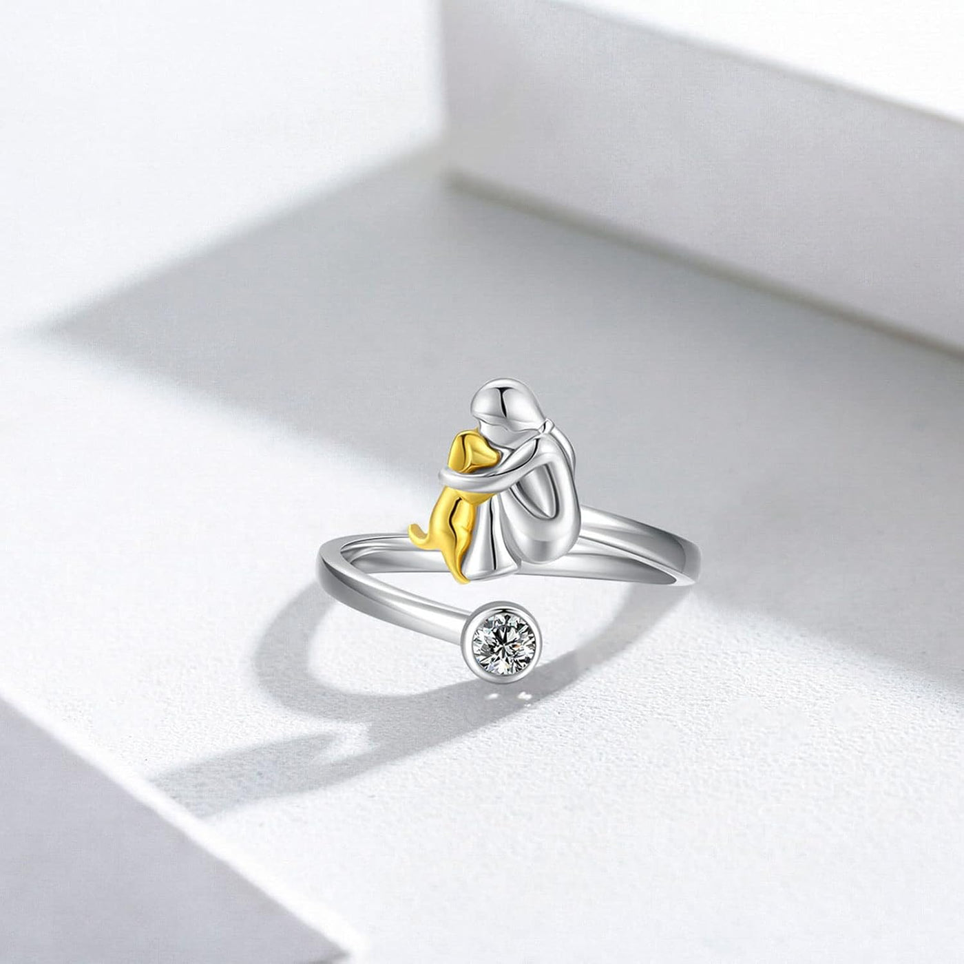 Adjustable Silver Dog Ring wit Zirconia