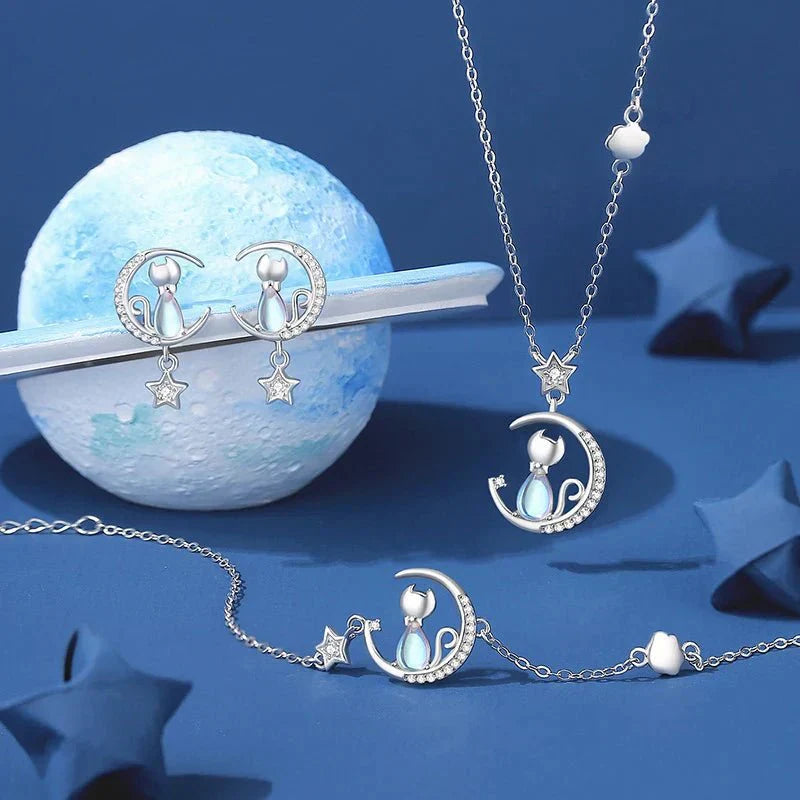 Silver Moon & Star Cat Earrings With Zircon