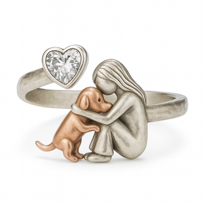 Silver Dog Adjustable Ring with Heart-Shaped Zirconia