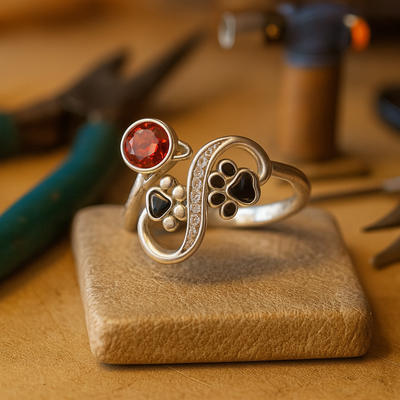 Black Paw Adjustable Ring With Red Gemstone