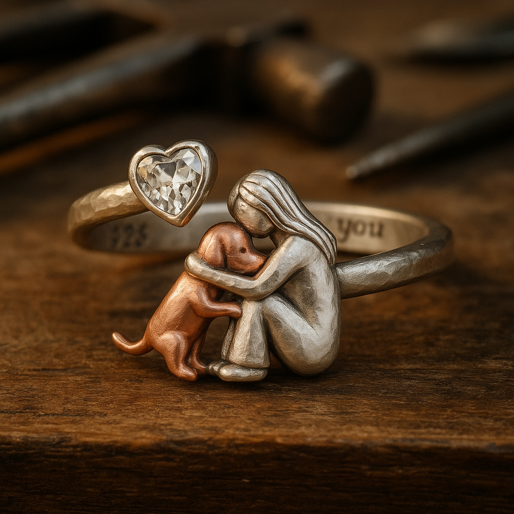 Silver Dog Adjustable Ring with Heart-Shaped Zirconia