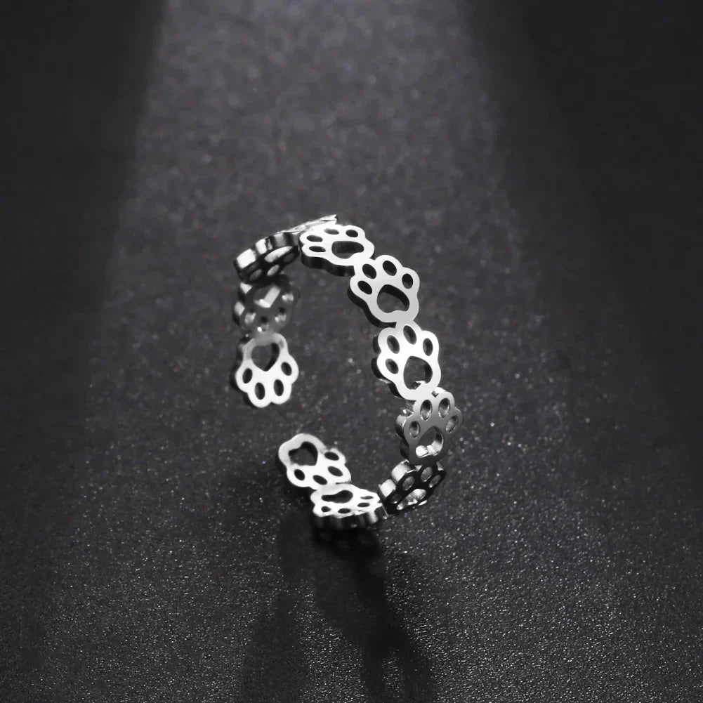 Adjustable Paw Print Ring Stainless Steel