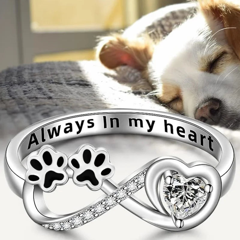 Zirconia Paw Ring with Heart and Infinity Design