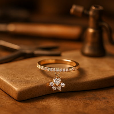 Vintage Cat Paw & Heart Stone Ring